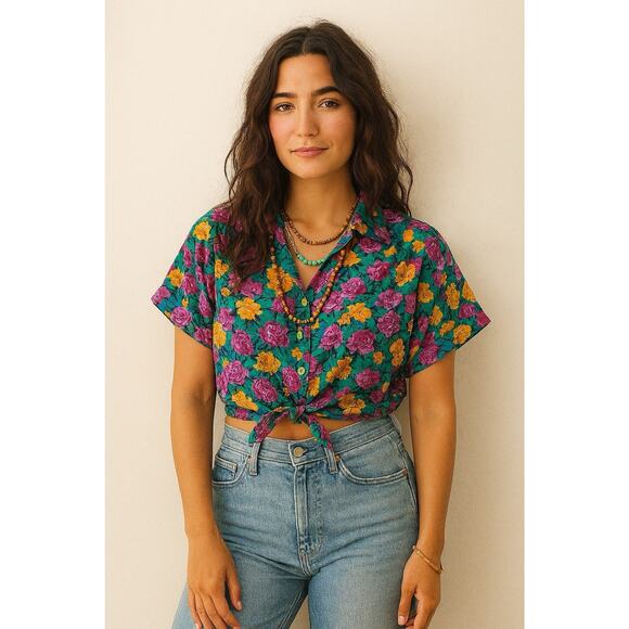 Vintage 90s Womens Byer California Floral Tie Knot Waist Crop Top Cotton Medium - Picture 1 of 10